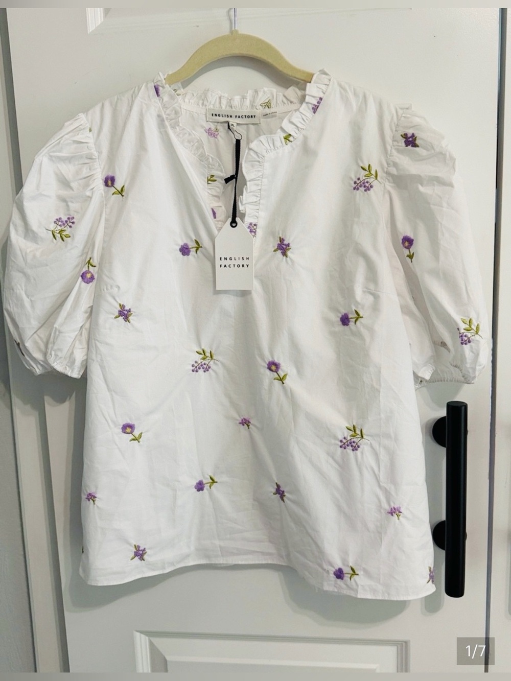 English Factory White Blouse with Purple Floral Embroidery XL - Picture 2 of 8